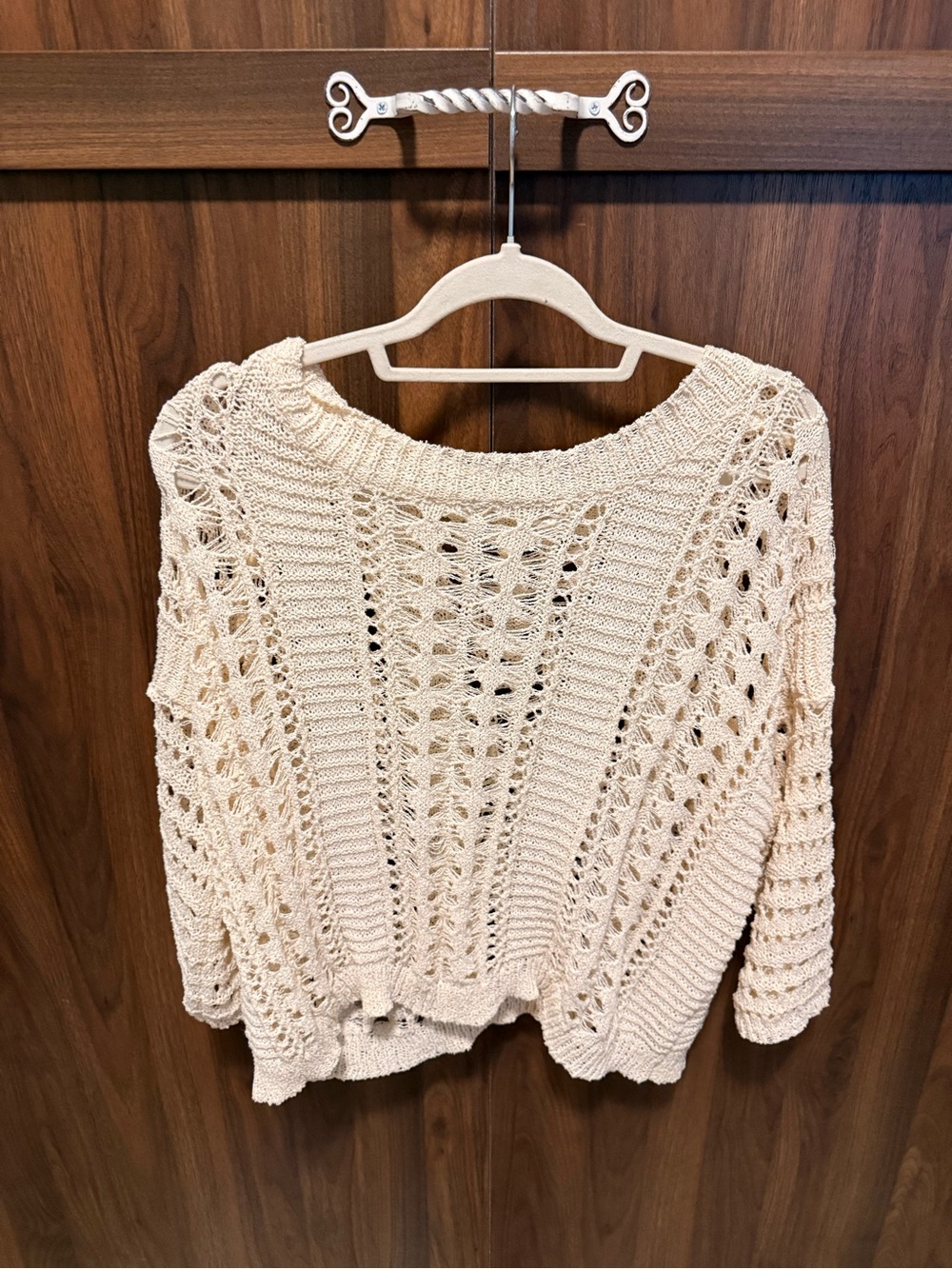 BIBI Beige Open-Knit Women’s Sweater - Lightweight Crochet Style, Size XL